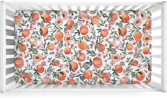 Peach Baby Crib Sheet 52''x28'' Vintage Peach Fruit Floral Leaves Stretchy Fitted Crib Mattress Covers for Boy Girl Summer Soft Baby Nursery Bed Sheets for Standard Crib and Toddler Mattresses
