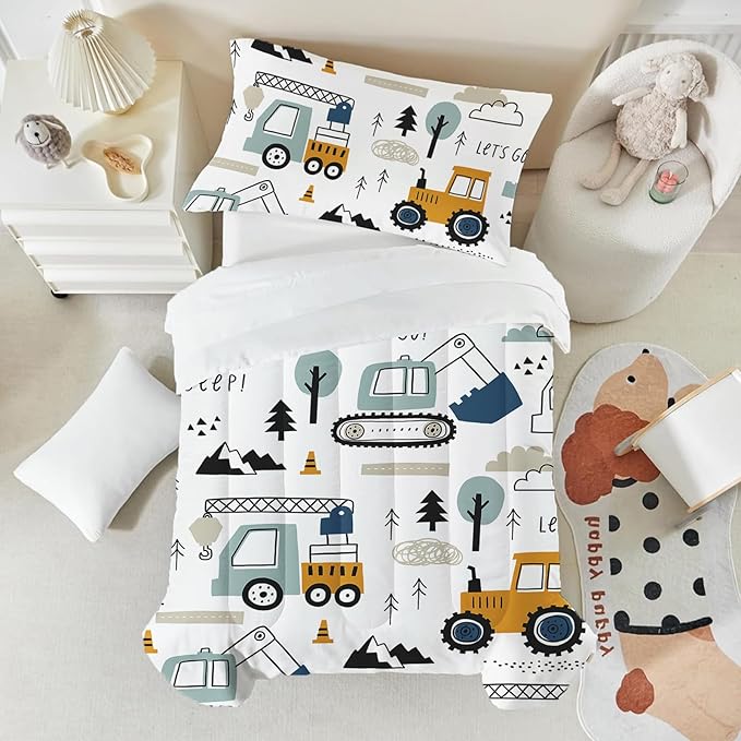 Toddler Bedding Set for Boys - 4-Piece Truck Bedding Comforter Set for Kids, Soft Comfort Construction Vehicle Bedding Includes Flat Sheet, Fitted Sheet, Comforter, Pillowcase
