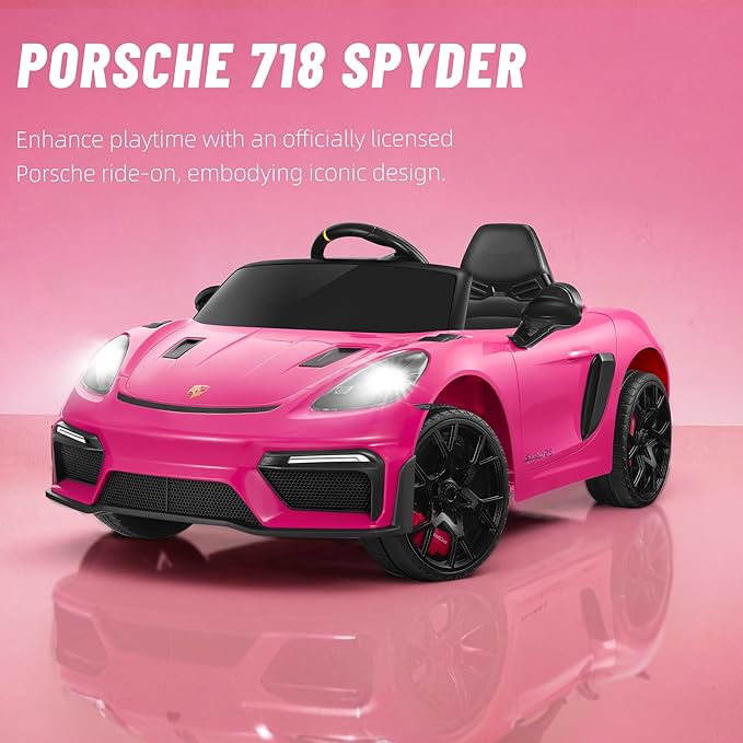 First Ride On Licensed Porsche 718 12V Ride on Toy for Toddler, Ride on Car for Kids with Remote Control, Child Electric Car w/Horn, Radio, USB, Spring Suspension, Opening Door, Led Light (Pink)