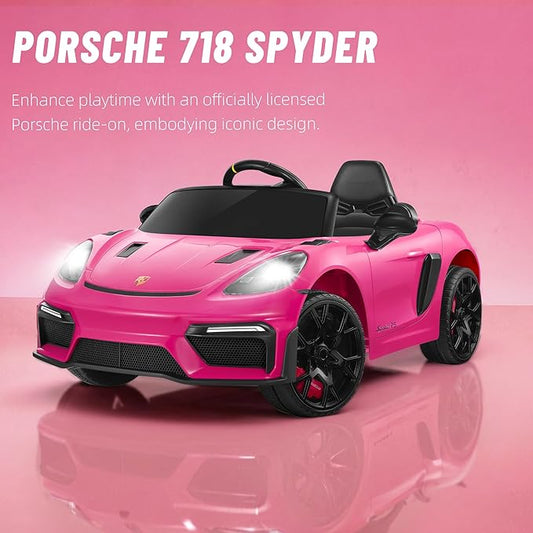 First Ride On Licensed Porsche 718 12V Ride on Toy for Toddler, Ride on Car for Kids with Remote Control, Child Electric Car w/Horn, Radio, USB, Spring Suspension, Opening Door, Led Light (Pink)