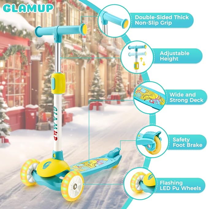 GLAMUP Kids Kick Scooter 3 Wheels, Kids Scooter Height Adjustable Handlebar, Lean-to-Steer System & Easy-Folding Mechanism, Ages 3-14 Boys and Girls