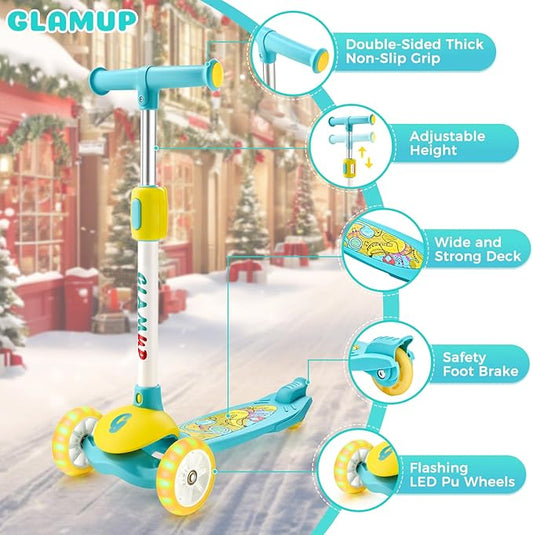 GLAMUP Kids Kick Scooter 3 Wheels, Kids Scooter Height Adjustable Handlebar, Lean-to-Steer System & Easy-Folding Mechanism, Ages 3-14 Boys and Girls
