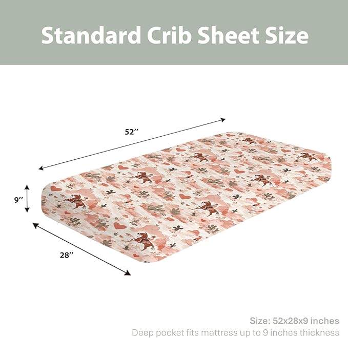 Retro Cowgirl Horse Cactus Love Baby Crib Sheets for Boy Girl 52x28Inch Western Cowgirl Hearts Soft Stretchy Fitted Crib Mattress Cover Wild Desert Baby Sheet for Standard Crib and Toddler Mattress