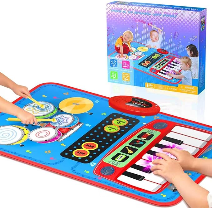 2-in-1 Musical Mat Toys for 1 2 3 4 5 Year Old, Piano Keyboard & Drum Set with 2 Drum Sticks, Early Educational Musical Learning Toys Birthday for 1 2 3 4 5 Year Old Boys & Girls, Blue