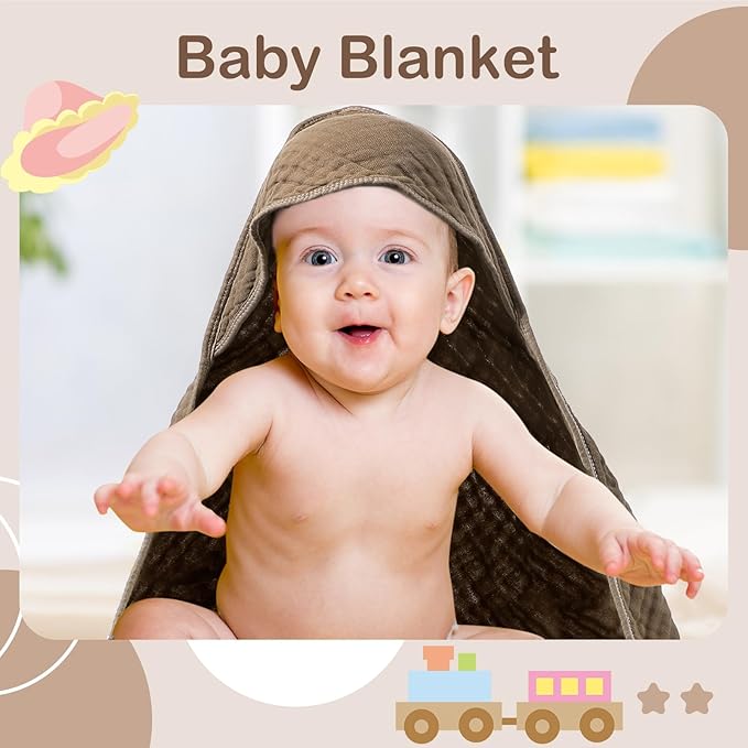 Peryiter 4 Pcs Muslin Hooded Baby Towels, 32x 32'' Cotton Newborn Bath Towel Muslin Infant Baby Blankets Absorbent Unisex Christmas Registry Gift Essentials for Girls Boys (Coffee)