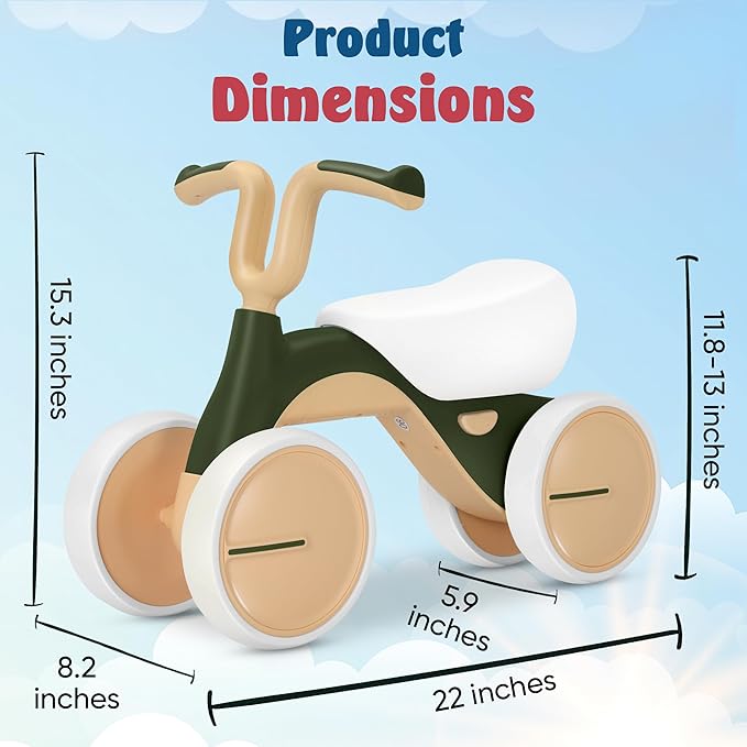 Henry & Colin Baby Balance Bike for Kids - No Pedal 4-Wheel First Bike, Toddler Walker for Boys & Girls, with Stylish Handle, Sturdy & Safe Design for 1-3 Year Olds