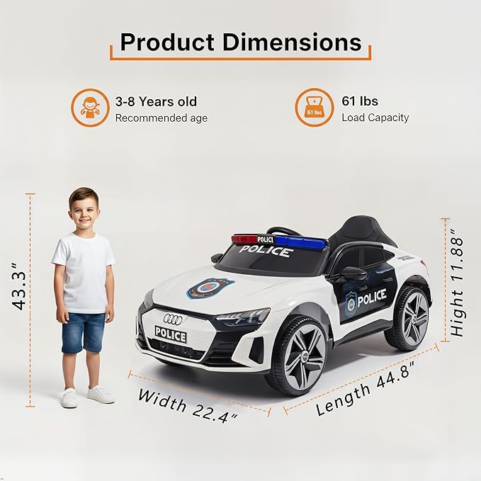 12V Kids Police Ride On Car with Remote Control, Flashing Lights, Siren & Megaphone, Bluetooth Music, Rocking Mode, Leather Seat, 3 Speeds, Battery Powered Electric Vehicle for Boys & Girls