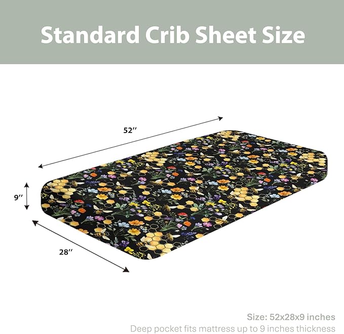 Boho Wildflower Bees Honeycomb Baby Crib Sheets for Boy Girl 52x28Inch Watercolor Honeybee Floral Soft Snug Fitted Crib Mattress Cover Summer Baby Sheet for Standard Crib and Toddler Bed Mattress