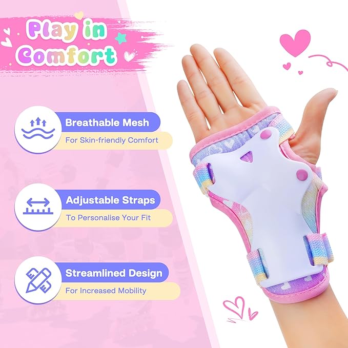 Knee Pads for Kids - ZOOBLISS Toddler Knee and Elbow Pads Set Wrist Guards for Skating Girls Aged 3-12, Kids Protective Gear for Roller Skates Skateboard Bike Scooter, Included Drawstring Bag(Rainbow)
