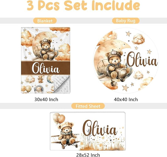 Personalized Baby Crib Bedding Set, 3 Pcs Custom Nursery Bedding Set with Name, Soft Double Layer Baby Crib Set for Boys Girls, Customized for Toddlers Infants, Brown Bear