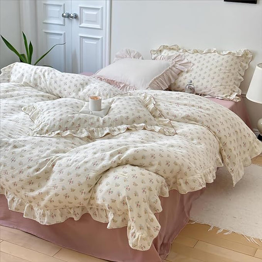 BuLuTu Cotton Muslin Duvet Cover Queen, Chic Shabby Azalea Floral Comforter Cover with Ruffles, Soft Breathable Gauze Quilt Covers for Kids Teens,90"x90", Zipper Closure, No Pillow