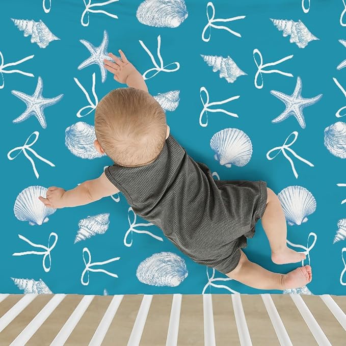Summer Conches Bows Sea Baby Crib Sheets for Boy Girl 52"x28" Ocean Seashells Beach Soft Snug Fitted Crib Mattress Covers Boho Nautical Life Baby Sheet for Standard Crib and Toddler Bed Mattress Blue