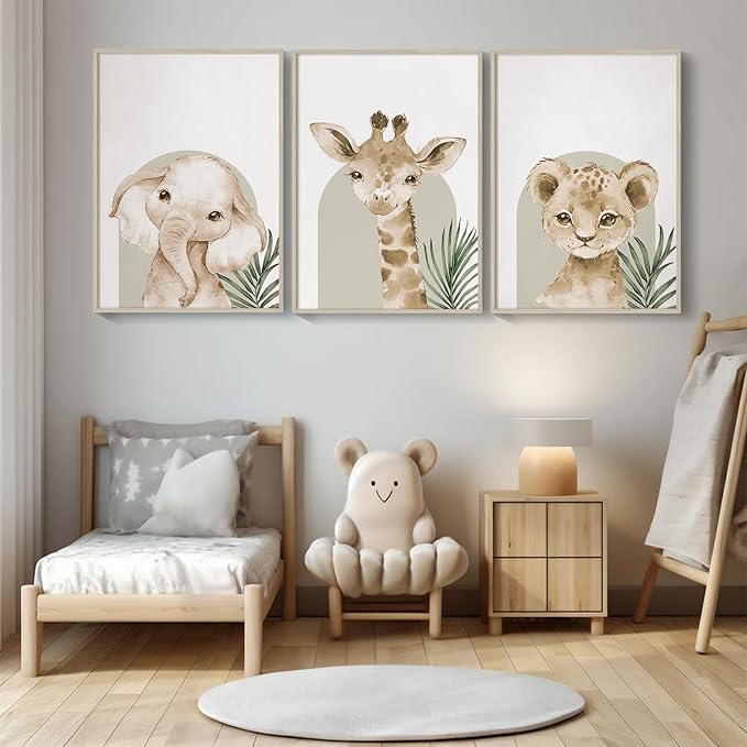 Animal Wall Art Pictures Baby Nursery Canvas Wall Art Decor Safari Animal Prints Jungle Kids Wall Art Woodland Nursery Wall Decor Giraffe Jungle Poster for Room 12x16 Inch Unframed Set of 3