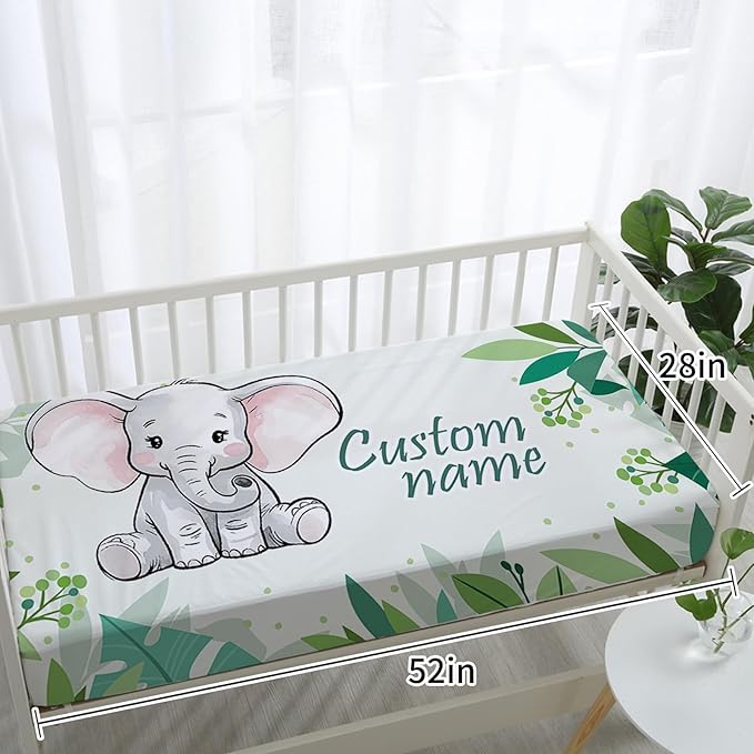 Personalized Baby Crib Bedding Set: 4 Piece Custom Gift Crib Bed Set with Name - Green Elephant Design, Nursery Bedding Set for Baby Girls,Newborn Girls Crib Sets, Crib Bedding Shower Gifts