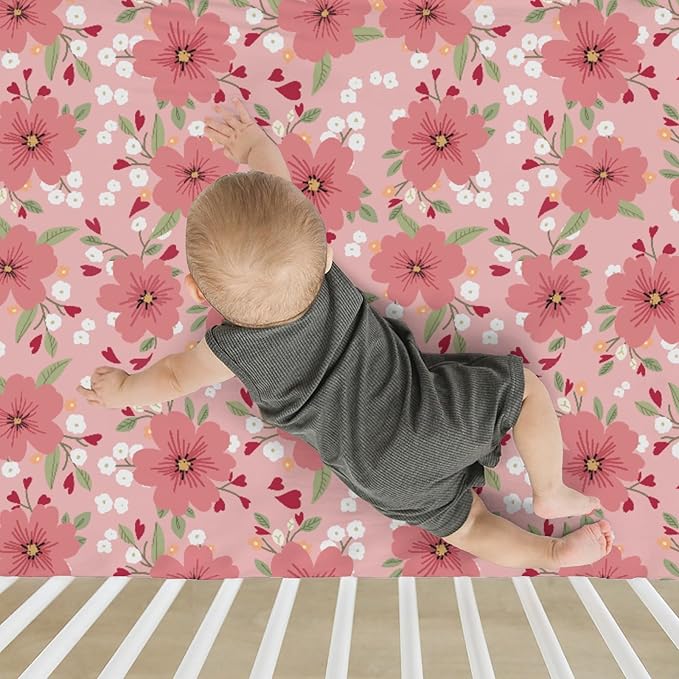 Love Blooms Rose Baby Crib Sheets for Boy Girl 52"x28" Boho Floral Hearts Soft Stretchy Fitted Crib Mattress Cover Spring Summer Blossom Baby Sheet for Standard Crib and Toddler Bed Mattress