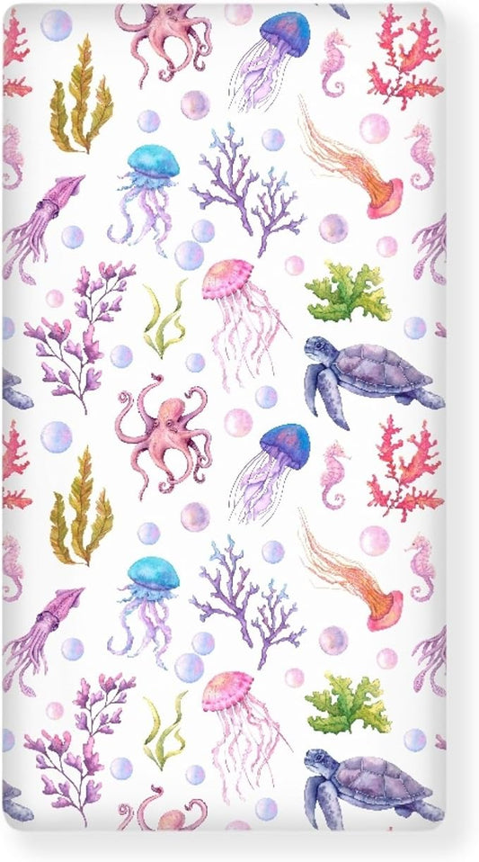 Ocean Purple Fitted Crib Sheet for Boys Girls Turtle Jellyfish Sea Horse Weeds Sea Life Baby Sheet for Standard Crib and Toddler Nursery Bed Mattress Sheets 28"x52"