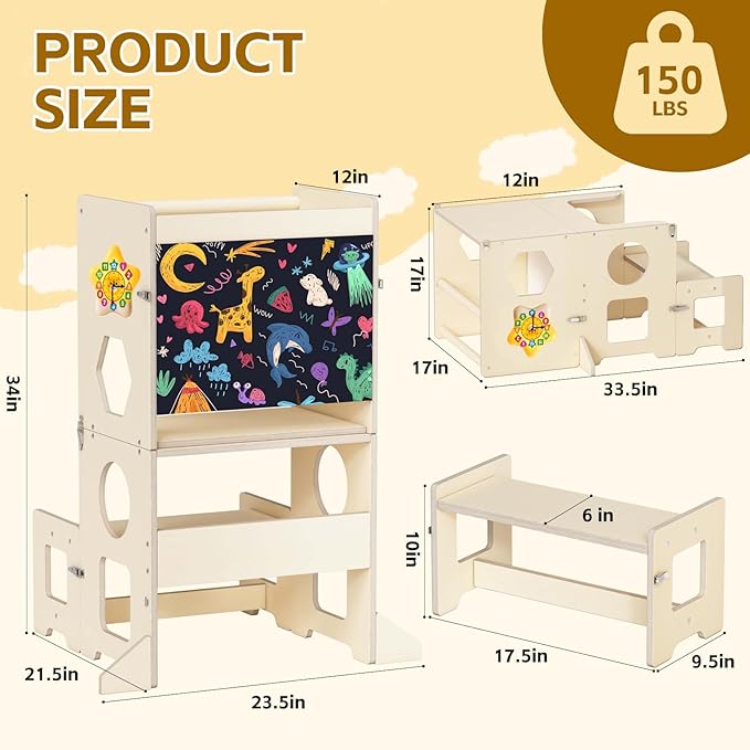 Acenova Toddler Kitchen Step Stool, 4 in 1 Foldable Learning Tower with Blackboard and Star Number Clock, Standing Step Stool Toddler Tower for Bathroom Sink, Kitchen Counter