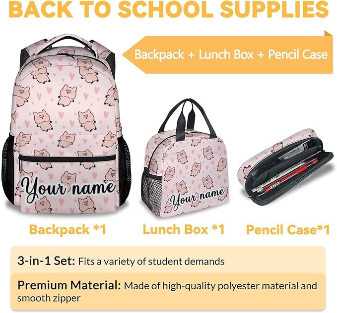 AIOMXZZ Personalized Pig Backpack with Lunch Box and Pencil Case, 16 Inch Cute Pig Bookbag Durable, Lightweight, Large Capacity, Funny Animal Backpack for School Girls Kids Women