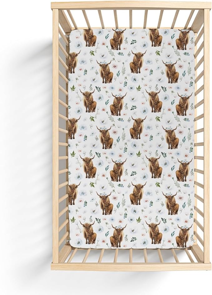 Boho Highland Cow Floral Baby Crib Sheets for Boy Girl 52"x28" Highland Yak Cattle Poppies Soft Snug Fitted Crib Mattress Cover Farmland Animal Baby Sheet for Standard Crib & Toddler Bed Mattress