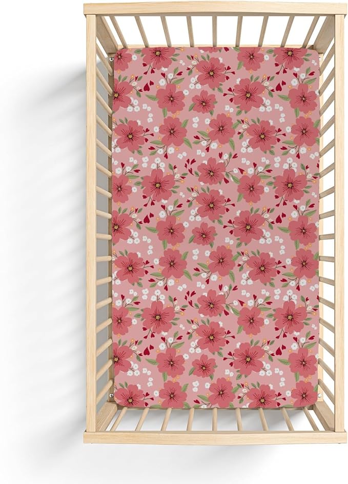 Love Blooms Rose Baby Crib Sheets for Boy Girl 52"x28" Boho Floral Hearts Soft Stretchy Fitted Crib Mattress Cover Spring Summer Blossom Baby Sheet for Standard Crib and Toddler Bed Mattress