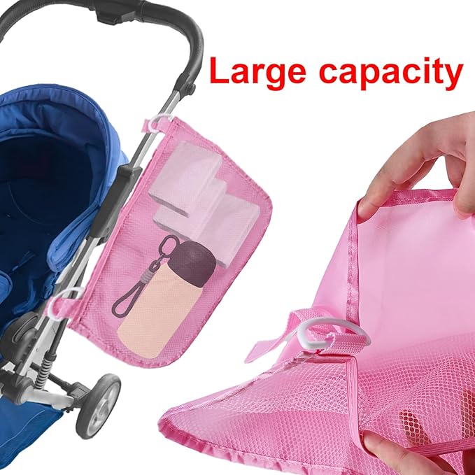Anglepingping 2 Pack Universal Side Sling Stroller Cargo Net, Non-Slip and Adjustable Straps Storage Mesh Bag,Portable Mesh Storage Organizer (Pink)