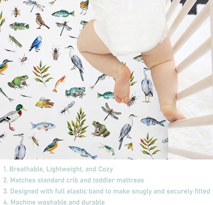 Wildlife Pond Baby Crib Sheets 52''x28'' Wild Animals Frogs Duck Fish Bird Weeds Snug Fitted Crib Mattress Cover for Boy Girl Fishing Hunting Soft Nursery Bed Sheet for Standard Crib Toddler Mattress
