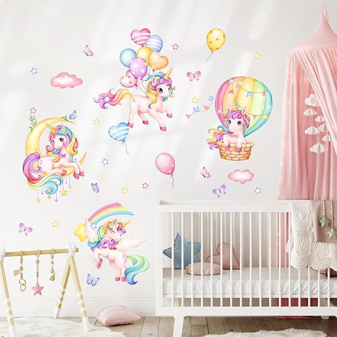 Unicorn Rainbow Wall Decals Hot Air Balloon Moon Clouds Stars Wall Stickers Baby Nursery Girls Bedroom Kids Room Wall Decor