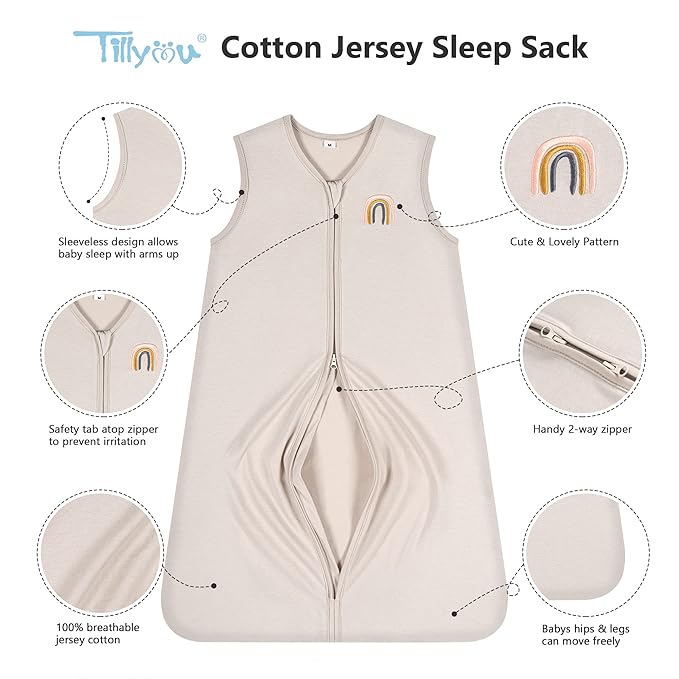 TILLYOU 2 Pack Baby Sleep Sack 12-18 Months 100% Cotton Wearable Blanket 0.5 TOG Sleeveless Summer Sleep Sacks with 2-Way Zipper, Happy Forrest & Nude