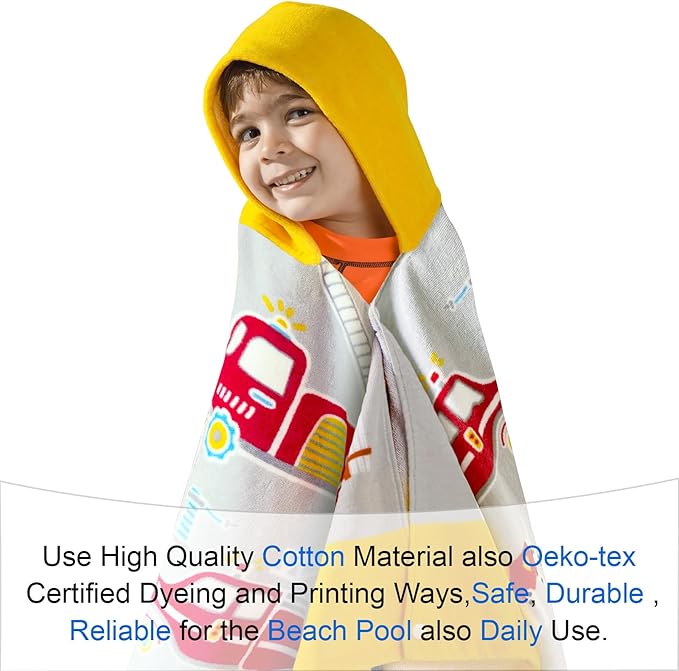 VOOVA & MOVAS Kids Bath Towels for Boys, Ages 3-8, 30''X50, | Soft Thick Absorbent Cotton, Beach | Pool | Bath Hooded Towels, Yellow Fire Truck