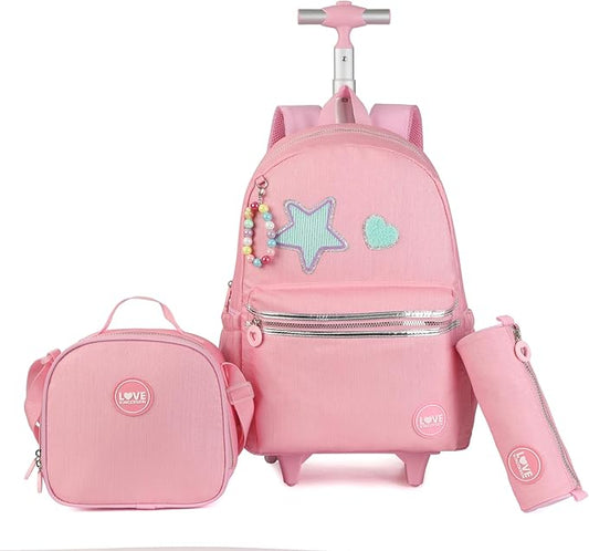 kingdisen Rolling travel Laptop Backpack for school Teens Girls (STAR HEART PINK)