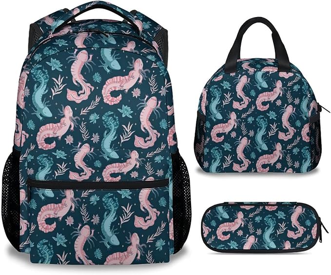Mercuryelf Axolotl Girls Boys Backpack with Lunch Box Set, 3 in 1 School Travel Backpacks Matching Combo, Fashion Dark Blue Bookbag and Pencil Case Bundle
