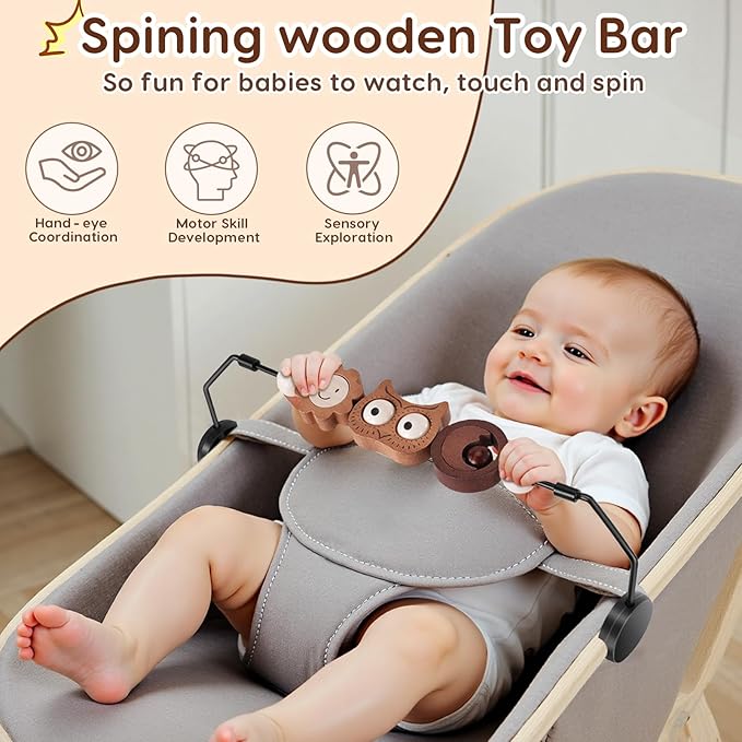 Baby Bouncer Toy Bar Wooden Compatible with Baby Bjorn Bouncer, Durable Wooden Bouncer Toy Bar Attachment, Tight and Secure Fit, Rotatable Sensory Toys for Curious Babies (Flower and Owl)