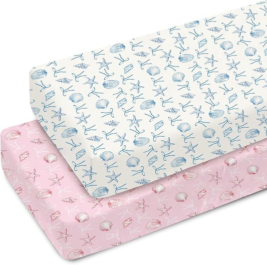 Summer Conches Bows Sea Baby Crib Sheets for Boy Girl 52x28In Ocean Seashells Beach Soft Snug Fitted Crib Mattress Cover Boho Nautical Marine Baby Sheet for Standard Crib & Toddler Bed Mattress 2 Pack