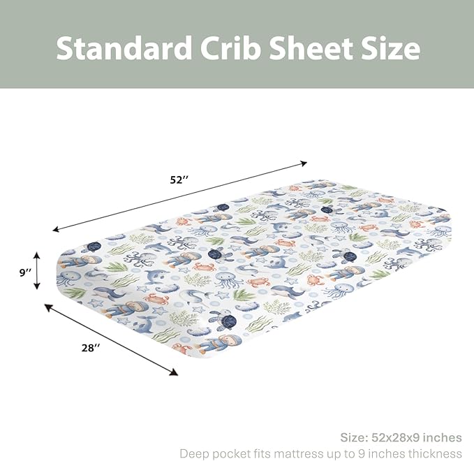 Sea Animal Baby Crib Sheets for Boy Girl 52x28 Diver Turtle Jellyfish Whale Corals Starfish Soft Snug Fitted Crib Mattress Covers Cute Ocean Animals Baby Sheet for Standard Crib & Toddler Bed Mattress