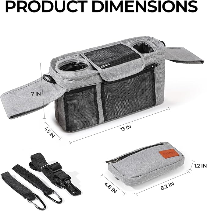WUUTER Stroller Organizer with Cup Holder Detachable Wristlet Large Capacity Baby Stroller Bag for Mom, Fits Uppababy, Baby Jogger, Britax, BOB, More (Grey)