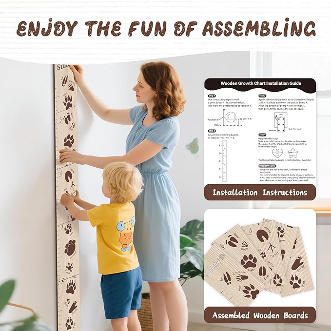 Woodemon Personalized Growth Chart for Wall, Animal Footprints Height Chart for Kids, Customize Growth Measuring Board for Girls Boys Teen Room Nursery Wall Decor