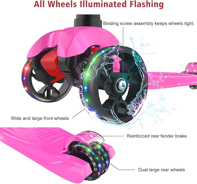 Allek Kick Scooter B02, Lean 'N Glide Scooter with Extra Wide PU Light-Up Wheels and 4 Adjustable Heights for Children from 3-12yrs (Rose Pink)