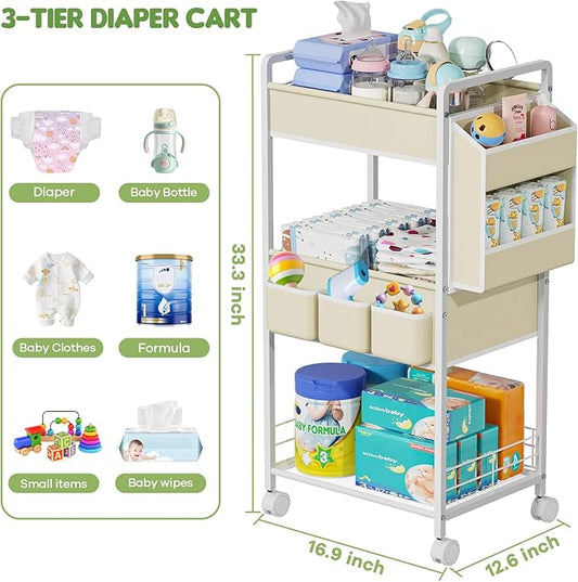 JBBTOOL 3-Tier Baby Diaper Caddy Cart with Wheels, Nursery Storage Organizer with Dividers & Pockets, Mobile Metal Utility Cart for Baby Essentials, Bedroom, Kitchen & Office