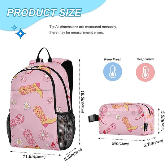 Jucciaco Western Cowgirl Boots and Flowers Backpack with Lunch Bag, School Travel Backpack for Teens Boys Girls Kids Backpacks Set