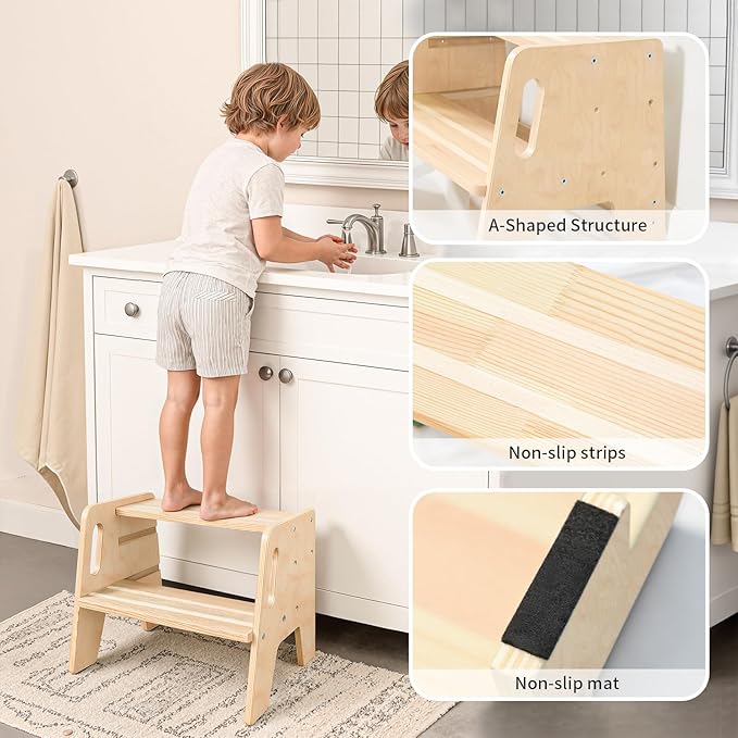 Wingyz Toddler Step Stool,Height-Adjustable Wooden Step stools for Kids with Handles,2 Stepstool for Toddlers,Bathroom Sink, Kitchen, Bedroom,Potty Training