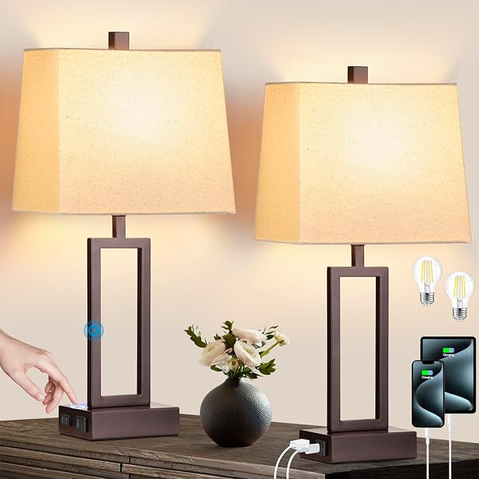 Lolikit 23.5" Touch Control Table Lamps, Metal Bedside Lamp for Bedroom Set of 2 with USB A+C Ports & AC Outlet, 3-Way Dimmable Nightstand Lamp for Living Room (LED Bulb Included)