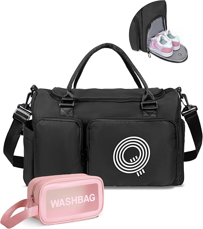 Elilier Initial Gym Duffle Bag for Girls - Kids Travel Weekender Overnight Dance Bag with Shoes Compartment and Monogram, Perfect Gifts for Kids and Friends