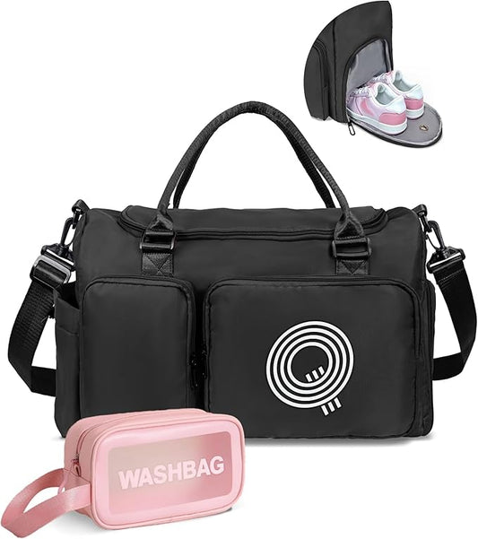 Elilier Initial Gym Duffle Bag for Girls - Kids Travel Weekender Overnight Dance Bag with Shoes Compartment and Monogram, Perfect Gifts for Kids and Friends