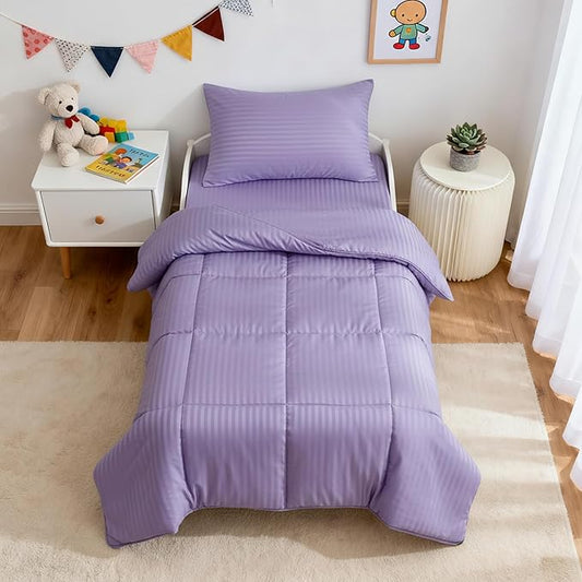 ZPECC Toddler Bedding Set - 4 Piece Hypoallergenic Baby Crib Bedding Set for Boys and Girls, Includes Toddler Comforter, Flat Sheet, Fitted Sheet and Pillowcase, Purple Stripe