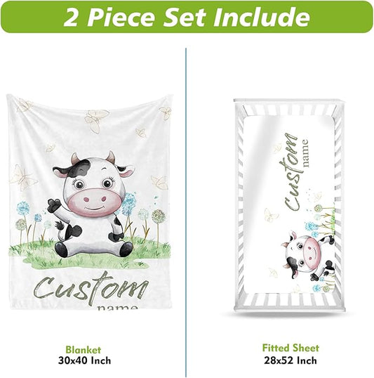 Personalized Crib Bedding Set for Boys Girls, Custom Baby Crib Sets with Name, Cows Theme Nursery Bedding, 2 Piece Baby Crib Sets - Soft Blanket with Double Layer Dotted Backing, Crib Fitted Sheet