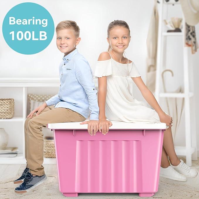 Nazhura Plastic Storage Bin, Stackable and Nestable Storage Boxes with White Lids and Secure Latching Buckles, Large Storage Container (Pink/White, 72Quart-6Pack)