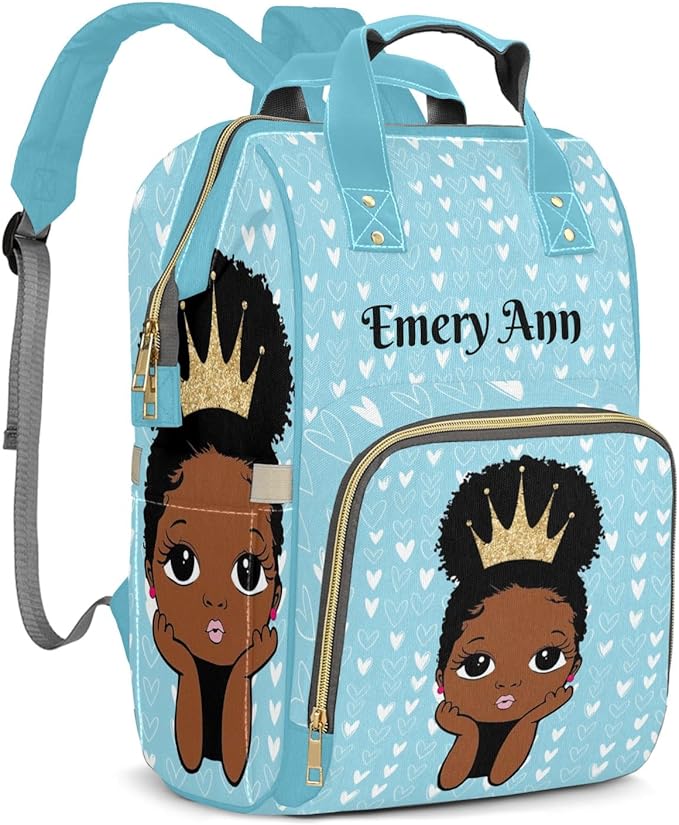 Personalized Blue Harts Cute Girl Custom with Name Diaper Bag Backpack For Baby Boy Girl Dad Mom Unisex for Adult Daypack Holiday Gift