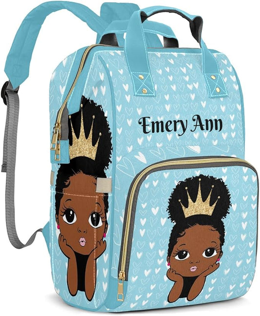 Personalized Blue Harts Cute Girl Custom with Name Diaper Bag Backpack For Baby Boy Girl Dad Mom Unisex for Adult Daypack Holiday Gift
