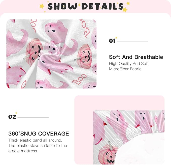 Halloween Ghosts Pink Crib Sheets Soft Breathable Fitted Baby Crib Sheets Mattress Cover for Girl Boys, 52" x 28" x 9"