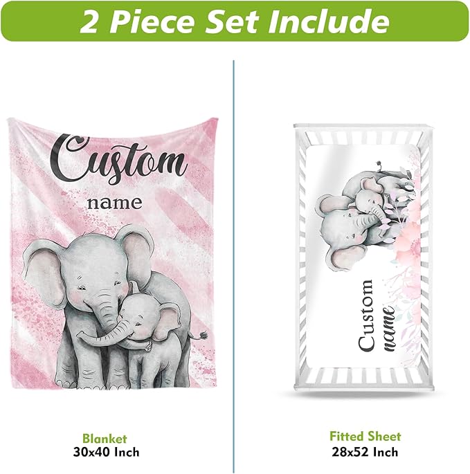 Personalized Crib Bedding Set for Boys Girls, Custom Baby Crib Sets with Name, Pink Elephant Design Nursery Bedding 2 Piece - Soft Blanket with Double Layer Dotted Backing, Crib Fitted Sheet